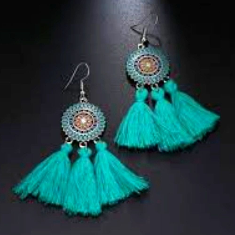 Enamel Sunflower teal Tassel Dangle Hook Earrings Ethnic Jewelry